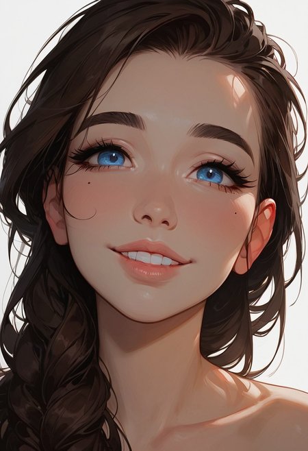 score_9, score_8_up, score_7_up,score_6_up, rating_safe, Expressiveh, (1girl), ((solo)), (the_same_girl_throughout), 18 year old girl, cute face, happy face, huge smile:1.5, white teeth, mouth open, (((playful))), innocent girl, petite, (bold eyeliner:0.5), squinting eyes, blue eyes:0.4, (pouty lips), blushing, flawless skin, (long dark brown hair:1.1), hair behind ears, big messy hair, (hair over shoulder:1.1), (dark eyebrows:1.1), volumetric Lighting, BREAK, head tilted:1.7, from above, detailed face, detailed lips, detailed eyes, looking at viewer, (portrait of girls face:2.0), (((closeup:2.2))), ((cute girls face:1.9)), (stunning face:1.2), in heat, shot from chin  up, white background, high angle, from above, horny