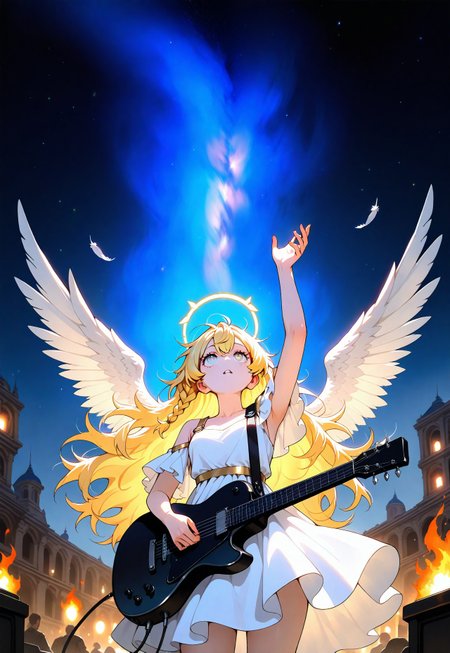 masterpiece, best quality, good quality, very aesthetic, absurdres, newest, 1girl, solo, long hair, yellow hair, dress, holding, braid, angel, wings, halo, sky, white dress, arm up, night, detailed stars, nebula, feathered wings, instrument, starry sky, angel wings, white wings, music, guitar, holding instrument, electric guitar, looking up, head back, 
Messy hair, crazy hair, fire, flames, heat haze, Low Angle, Dutch Angle,
The overall scene should have a warm and bright atmosphere, with the main tone being light orange.
City Lights Lighting