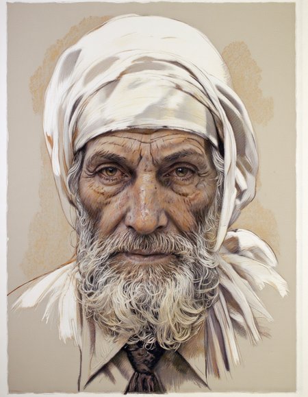 Art by Thomas Haller Buchanan. A realistic pencil drawing from a portrait camera angle about an elderly man with a wrinkled face and a long white beard, wearing a white headscarf and a dark necktie. the subject, an elderly woman, is positioned in the middle of the image, looking directly at the viewer with a serious expression. she appears to be around 60 years old, with light skin and long, wavy white hair. her eyes are brown and are looking slightly to the side, with a hint of a smile on her lips. her facial features are detailed and wrinkled, giving her an aged and weathered appearance. she is wearing a light-colored shirt and a black necktie, adding to her overall appearance. the background is a plain, light beige color, which helps to focus attention on the subject. the drawing is done in a realistic style, with careful attention to detail in the shading and texture of the facial features.