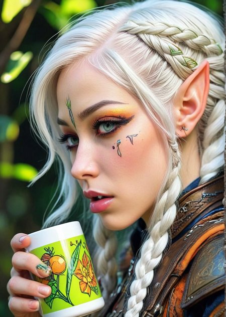from front from below, anime comic style render, tired(((woman:1.21): elven, pointed ears, white intricate braided hair, style connecting with nature,):1.21) in posing dynamic position, smooth skin, (prominent coffee mug:1.12), 
Playful pout, Mug to lips, Suggestive sip, 
(pui:0.01) steaming mug of coffee, oversized and centered, hand grasping handle, detailed fingers wrapped, 
lip biting expression, anime art style, steam rising, big sculpted 3d sculpture mug, sprinkles,  vibrant colors,(trending:1.22) (epic:1.08, (high image quality:1.08), (RAW:1.05),high definition,<lora:LCMTurboMix_Euler_A_fix.safetensors:0.96:0.3> <lora:sdxl\zy_Realism_Enhancer_v1.safetensors:0.85:0.18>  p15,s9