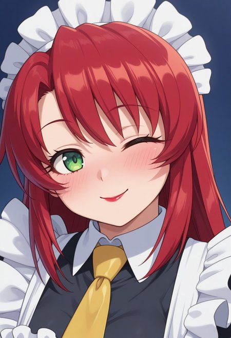 1girl,solo,cute,
Yuu Mikihara red hair, long hair, green eyes, red lipstick
maid, maid apron, maid headdress,yellow necktie
wink, winking, flirty, seductive, one_eye_closed, blushing, smile, playful_smile, looking_at_viewer, head_tilt, charming, cute
looking at viewer,portrait
Simple blue background,two-tone,background,(soft focus:1.3), 
masterpiece, amazing quality, best quality, ultra-detailed, 8K, illustration, CG, shiny hair, clear skin, ultra-detailed-eyes, eyelashes, highly detailed,