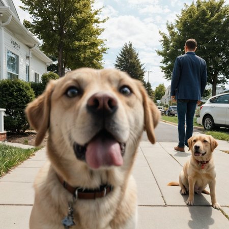 cinematic photo photorealistic dog foreground blurry, mail man standing facing camera, <lora:PhotoBomb-8:0.8> . highly detailed, lifelike, precise, accurate . 35mm photograph, film, bokeh, professional, 4k, highly detailed