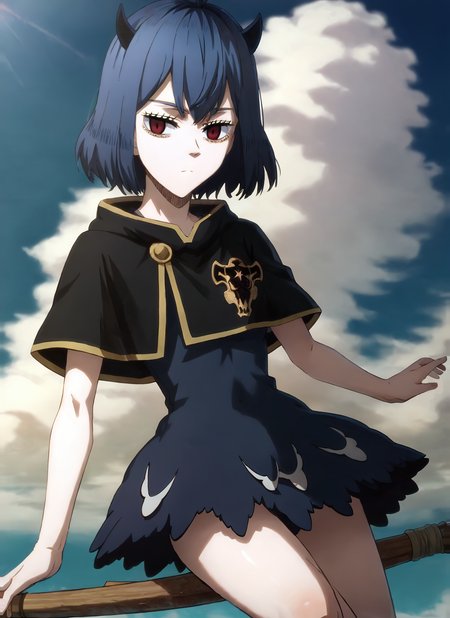 highres, sharp focus, pixiv masterpiece, highly detailed, 1girl, small_breasts,  nero-dress, Secre_Swallowtail_XL, source_anime, score_8_up, score_7_up, score_9,   <lora:Secre_Swallowtail_PonyXL_v19-000001:1> , eyelashes,  looking at viewer, clouds, in air, expressionless, from side, cowboy shot, (blackbull-cape:1.1), sitting on broom