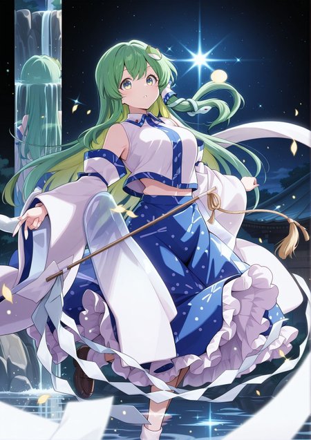 absurdres, highres, masterpiece, best quality, amazing quality, official anime artwork, screencap, anime screencap, outdoors, looking at viewer, dynamic pose,
<lora:Sanae-Kochiya_IllustriousV2:1> kochiya sanae, 1girl, solo, green eyes, green hair, long hair,, frog hair ornament, hair tubes, snake hair ornament, collared shirt, white shirt, detached sleeves, wide sleeves, blue skirt, frilled skirt, gohei, 
light particles, floating hair, sparkle, waterfall, reflection, serious, night,