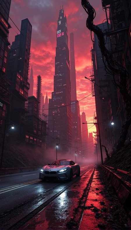 <lora:Dark_Fantasy_Anime-000021.safetensors:1> intricately textured, with subtle shadows cast, capturing light in a lifelike manner. glint subtly in the diffused light filtering, the surrounding environment is meticulously detailed
In this haunting image, I depict a futuristic cityscape at dusk, dominated by towering skyscrapers and twisted metal tree-like structures. A sleek silver car speeds down a deserted road, bathed in an eerie glow from its headlights. Neon lights writhe like snakes along the buildings, casting long shadows across the darkening landscape. The crimson sky seems to bleed out its final moments of light, heavy with ozone and burnt wiring, as if the very heavens are dying. A high-tech car navigates a deserted road, surrounded by an urban labyrinth that exudes decay and corruption.