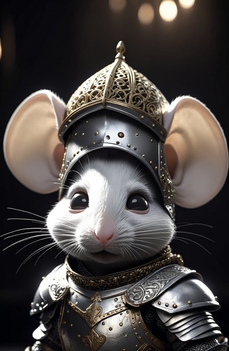cute baby white mouse dressed as Jihad Knight, portrait, finely detailed armor, cinematic lighting, intricate filigree metal design, Dark gray background,4k, 8k, unreal engine, octane render, Enter ar 9:16 and testp and upbeta
 <lora:Overgrown-SDXL:0.2> <lora:Chenorbyl_v1:0.2>  <lora:RPGGuardsXL:0.6>  <lora:sdxl_photorealistic_slider_v1:0.4>