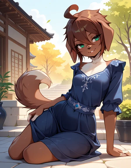 masterpiece, best quality, very aesthetic, absurdres,
outdoors, dressed,
full body, posing, 
seductive smile, parted lips, long eyelashes,
<lora:Kess_v01_NAIXL:1>
Kess,1girl,solo,furry,furry female,dog girl,brown hair,short hair,hair between eyes,dog ears,green eyes,snout,animal nose,body fur,brown fur,dog tail,