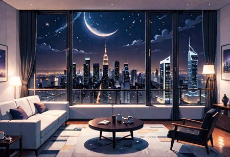 ((front view)), Shallow scene, (((animation style))), (night), modern-style interior, with white walls, (large windows), a  study, Sofa, coffee table, bookcase, single wall, ((dark room)), quiet and mysterious night sky,  city night view, (City high-rise building scenery), (City scenery outside the window), starry sky, moonlight,