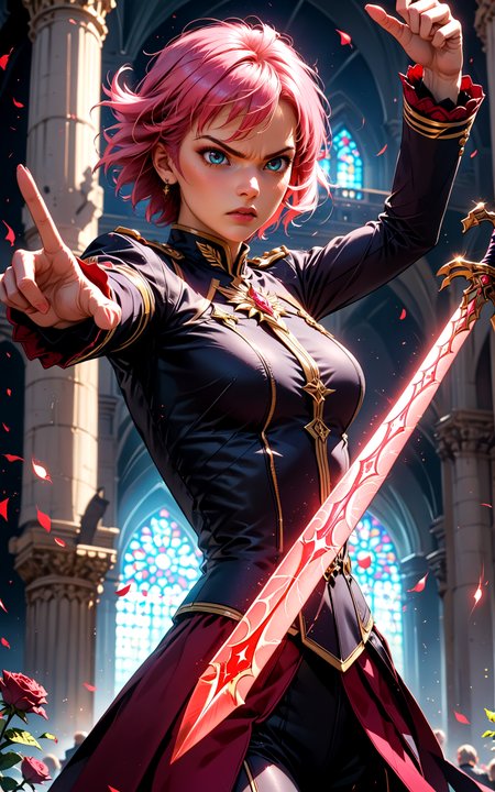 score_9, score_8_up, score_7_up, 
fearless woman with pink hair, charging forward with sword, red roses trailing behind, determined expression, vibrant colors, high contrast, hyper-realistic, dynamic motion, powerful pose, detailed, high-definition, intense, cinematic, energetic, epic atmosphere, dramatic
noblewoman, military uniform, long sleeves,  short hair,  grand cathedral, raised hand, (dynamic pose:1.8), motion line