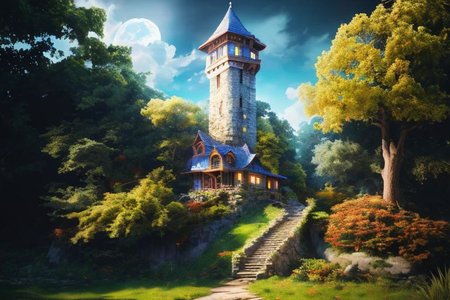 RAW photo, (masterpiece:1.3), subsurface scattering, heavy shadow, (high quality:1.4), (intricate, high detail:1.2), professional photography, HDR, High Dynamic Range, realistic, ultra realistic, photorealistic, high resolution, film photography, ambient lighting, atmospheric effects, <lora:detail_slider_v4:2>, OverallDetail,  witow, blue sky, blurry, cloud, flag, grass, house, moon, no humans, scenery, sky, stairs, tower, tree, <lora:Wizard_Tower-10:1>, epiCPhoto