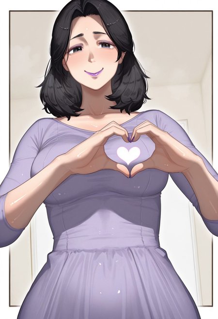 , 1girl, solo, medium build, medium hair, sfw, safe for work, covered skin, flowy dress,  black eyes, purple lipgloss, smiling, portrait, upper body, heart hands, mature female, foreshortening, detailed, newest, shiny skin, cowboy angle, solo focus, medium breasts,kikimihukuri