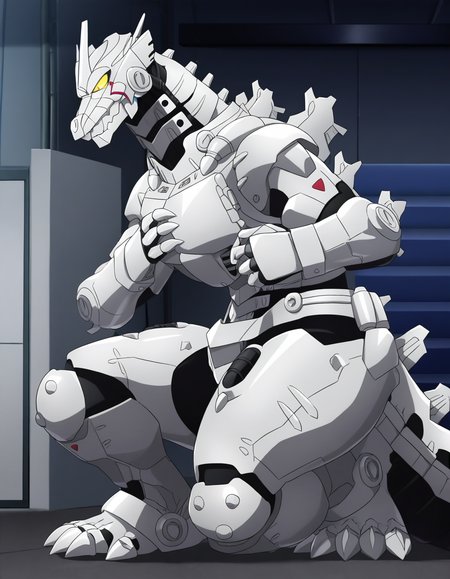 1other, solo, dragon, robot, kiryu, male, on one knee, hand on chest, 5 fingers, 4 toes, yellow eyes, looking down, narrowed eyes, tail, (garage), from side, detailed face, anime screencap, year 2023, year 2024, (masterpiece, best quality, very aesthetic, amazing quality), absurdres, highres