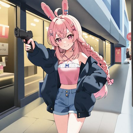 by ndgd, solo, (pipkin pippa), pink hair, long hair, bangs, ahoge, braids, pink rabbit ears sticking straight up, pink eyes, hair ornament, hair clips, pink and white cross-strap halter top, standing, loose jacket, shorts, sneakers, standing in front of a shopping center storefront with 'Walmart' as its name, (holding a gun), smug, evil laugh
 <lora:pipkin_pippa_XL:1.5>
