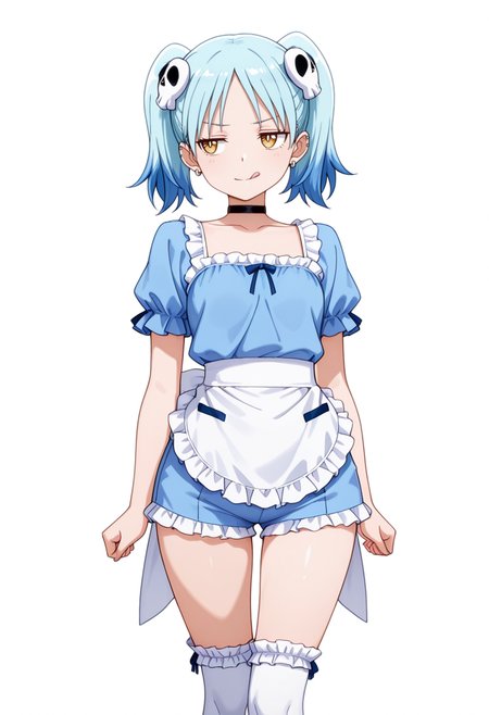 masterpiece,high quality details, absurdres,
 <lora:Izutsumi_Marín:0.8>
izutsumi_cnr, 1girl, blue hair,yellow eyes, multicolored hair,  skull hair ornament, twintails, black choker,ear piercing,, simple background, white background, front view,solo,, annoyed,disappointed,, ;q,, ultra realistic, high detailed skin,, frilled shirt,waist apron,high-cut shorts,  ,frilled legwear kneehighs,
