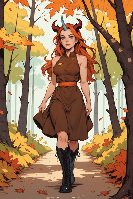 1girl, solo, nature, forest, autumn leaves, dress, long hair, autumn, tree, boots, outdoors, brown dress, red hair, walking, looking at viewer, blurry, orange hair, horns, sleeveless, full body, blurry background, breasts, blue eyes, single horn, leaf, black footwear, standing, pants, jewelry, sleeveless dress, lips, medium breasts, <lora:Expressive_H:0.5>, score_9, score_8_up, score_8_up, a_Comic_Illustration, rough lines with ink, (drawn:1.1), (sketch:1.5), (crosshatching:1.25), (comic style:1.1), graphic novel style, sharp lines, hires, zstyle, (western comics \(style\):1.1), (hatching \(texture\):1.2), zPDXL, Mr_Monster_Possitive