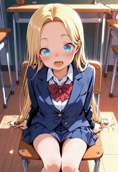 masterpiece, cute, lovely, (best quality:1.3), (amazing quality:1.3), high gradient eyes, very aesthetic, (1girl), solo, (Aya_Style), sasha \(haguhagu\), open_mouth, blue eyes, blonde hair, fang, white school uniform, red bowtie, blue jacket, shirt, collared shirt, blazer, long sleeves, blue skirt, pleated skirt, (front view), sitting, chair, classroom