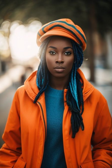 'p3x3ls style photo', a african woman with a blue Flat cap and a orange coat, backlight, urban