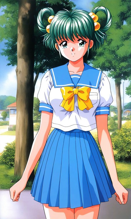 general,highres, ultra-detailed,very aesthetic,best quality ,best hands, BREAK <lora:Tatebayashi_Miharu_Tokimeki_Memorial_IS:1>
Tatebayashi_Miharu(Tokimeki_Memorial), 1girl, solo, hair rings, hair ornament, Yellow bobbles, green hair, bangs, short hair, green eyes, medium breasts, 
blue school uniform, serafuku, jewelry, yellow bow, Yellow bow, blue skirt, blue sailor collar, white shirt, pleated skirt, short sleeves, outdoor, tree, sky,