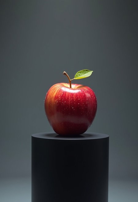 a solitary rainb0w m0rph apple, glistens colourfully on a matt black pedestal, against a grey gradient background