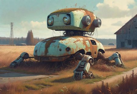 (((ultra high quality photo:1.8))) "vast overgrown field, extremely huge decrepit android, , aged and neglected appearance, advanced technology remnants, natural overgrowth, contrast between nature and forgotten futuristic elements"  a rusted car next to the robot, barn in the distance,   Simon Stlenhag Style, photo in phst artstyle, film photography style, light grain, medium grain, heavy grain