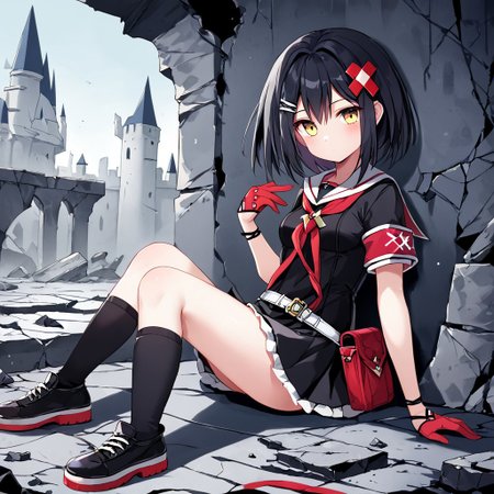 score_9, score_8_up, score_7_up, ,
1girl, solo,
alice_ms, black hair, short hair, yellow eyes, normal breasts
default_fit, red cross accessory, hairclip, black skirt, black shirt, red sailor collar, medallion, white belt, belt pouch, stripped kneesocks, black shoes, gray armband, red gloves, 
sitting, ruined castle, ruins, debris
