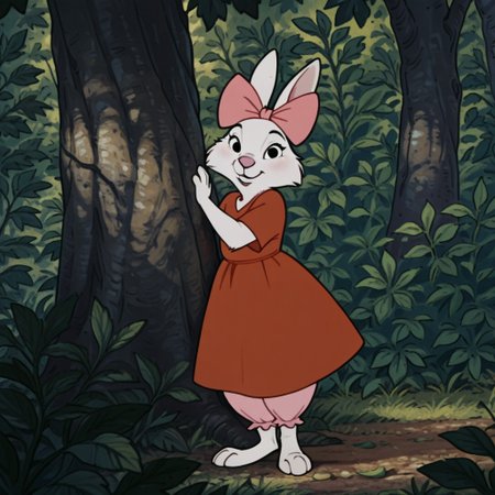 masterpiece, best quality, amazing quality, sisrabbitRHil, semi-anthro, female, rabbit, white fur, red dress, pink bloomers, pink  bow, standing, in forest, looking at viewer, from front, <lora:ef509770-9d12-436e-965c-aa554df01ee3:0.7>