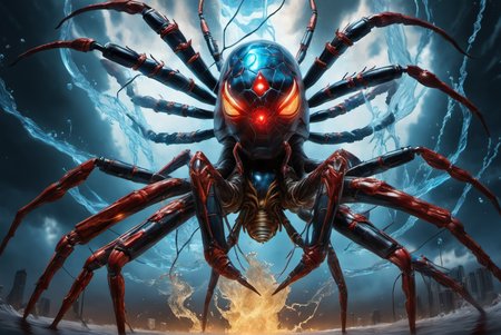portrait of a gigantic spider,awardwinning, 8k,  atmospheric,dramatic,godlike,superpowers,power surge,epic,representation of absolute power,dense particles in the atmosphere,in the style of aleksi briclot,sandra chevrier and mythsxl,<lora:mythsxl:1>