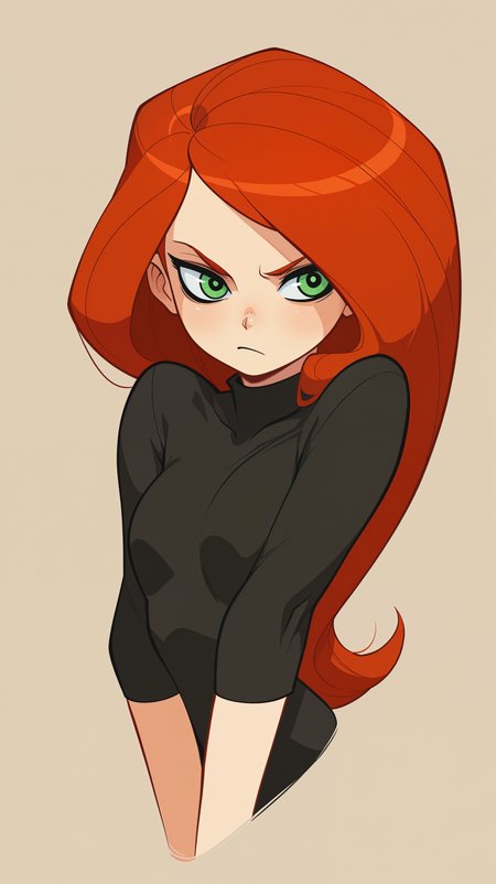 masterpiece, best quality, amazing quality, girl,  <lora:Crestyle_Illu_epoch_15:0.8>, Crestyle, dynamic pose, showing indifference, kim possible \(series\), simple background, upper body, portrait, red hair, long hair, black top, green eyes, bust, solo,