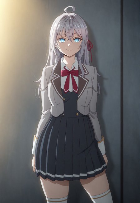 detailed, sinfully stylish, dramatic lighting, long shadows, soft light, contrapposto, anime, 1girl, solo, blue eyes, grey hair, ahoge, school uniform, dark grey pleated dress, grey jacket, white thighhighs, hair ribbon, staring at viewer, smiling, wide hips, standing