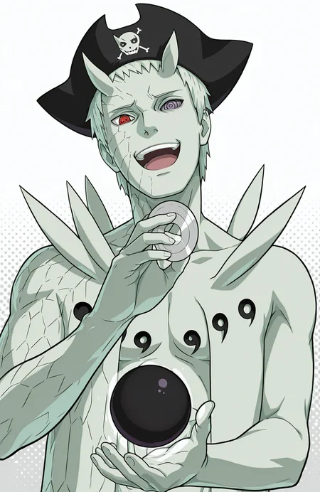 tricore, pirate hat, vector graphics, simple background, halftone background, thick white background, head tilt, laughing, holding cd, dvd, hand up, orb behind hand, hand_hole, r50_ob1t0, rinnegan, sharingan, 
masterpiece, best quality,
<lora:Juubito_X6E13:1.0>