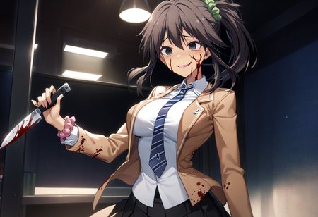 1girl, yuzuri\(memories off 8\), solo, brown hair, black eyes, ponytail, one side up, indoors, standing, kaioka brown blazer school uniform, black pleated skirt, blue striped necktie, pink wrist scrunchie, green hairscrunchie, crazy smile, empty eyes, holding knife, (blood on face, blood on clothes, blood on knife:1.2), masterpiece, best quality, very aesthetic, absurdres, highres, 4k, 8k, intricate detail, cinematic lighting, wallpaper, <lora:aesthetic_anime_v1s:1>, <lora:yuzuri-1.3:1>