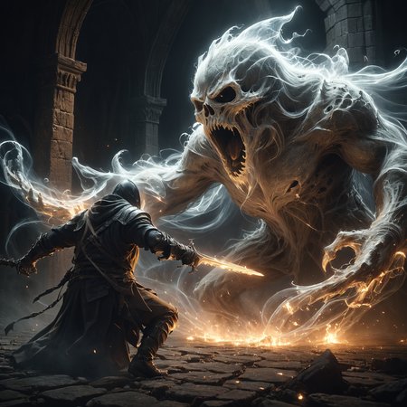 mage fighting a huge ghost made of mad-wsps in dark dungeon, Bosstyle, dynamic pose, cinematic shot, dramatic lighting<lora:Wisps_of_Light_SDXL:0.5> <lora:XL_boss_battle:0.8> 0.6>, masterpiece, best quality, ultra high res, (photorealistic, realistic:1.2), deep shadow, raw photo, film grain, Fujifilm XT3, 8k uhd, dslr