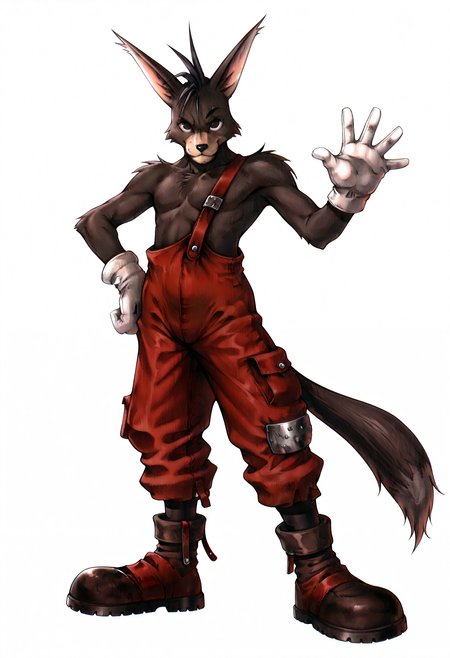 best quality, newest, absurdres, highres, (masterwork, masterpiece, best quality, hyper-detailed :1.3),   1boy, solo,  
 
w0lf, red overalls, black eyes, tail, 


,white background, plain background, ff7,