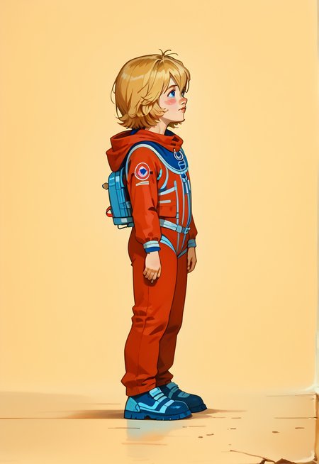 score_9, score_8_up, score_8_up, perfect drawing, sharp lines, absurdres, 
1girl, solo, alisattp, (full body:1.2), 
blonde hair, blue eyes, blush stickers, hair between eyes, bangs, red bodysuit, spacesuit, short hair,
Dynamic lighting, shading, detailed, from side,  thighs, feet, standing,
simple background,  looking up,
1980s \(style\),
d3t41l3d,  <lora:d3t41l3dXLP:0.6>, <lora:alisattp_pdxl:1>