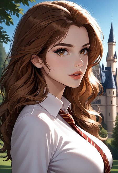 https://civitai.com/images/71069860
solo, (side view:1) masterpiece, best quality,masterpiece, best quality, good quality, very aesthetic, newest, 8K, depth of field, focused subject, BREAK, 1girl, hermione granger, brown eyes,close up, sexy lips, ecasagrande, looking at viewer, parted lips, flirty, 
(large breasts:1.2)
Hogwarts uniform, tie, school shirt,
Beautiful castle, trees, sunny, beautiful sky