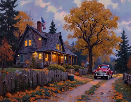 <lora:OBä¸­ä¸çºªæ²¹ç»v1.1:1> OByouhua, oil painting
oil painting of american style house, porch, american flag, oak tree, pickup truck  foggy, cloudy sky,  pine  trees, window lit,  fall season, yellow leaves, cozy,  trash bis by the road,