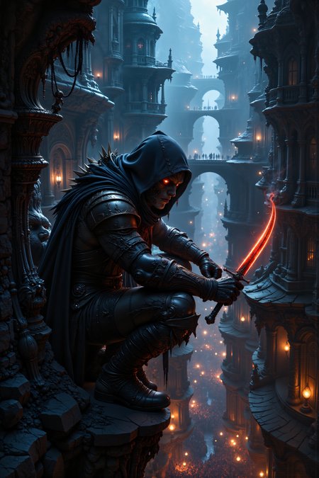 A hyper-realistic portrait, photorealistic photo close-up image of  Within the bowels of a colossal, underground city, a rogue with coal-black skin and sharp, glowing red eyes perches atop a crumbling stone gargoyle, overlooking the labyrinthine streets below. His leather armor, patched and worn from countless battles, clings tightly to his lean frame, blending into the shadows that stretch across the narrow alleyways and towering, stone buildings. Above, the ceiling of the cavern is barely visible, obscured by a thick layer of smoke and mist that swirls in slow, languid patterns, illuminated only by the occasional flicker of neon signs and torchlight. The air is heavy with the scent of damp stone and burning coal, and the distant sound of hammers striking metal echoes through the cavern like the heartbeat of the city itself. Below, the streets are alive with the murmur of merchants, thieves, and scavengers, their faces half-hidden by hoods and masks as they move through the labyrinth like ghosts. The rogueâs eyes scan the crowd, searching for his next target, his sharp senses attuned to every movement and sound. His dagger, glowing faintly with a deep, crimson light, rests in his hand, ready for action at a momentâs notice. The scene is one of quiet tension, where the shadows and light play a dangerous game of cat and mouse. (photography, high-resolution, dynamic, energetic,hyper-realistic, dramatic lighting, shallow depth of field.), detailmaximizer, MythP0rt<lora:midjourney_whisper_flux_lora_v01:0.55><lora:aidmaMJ6.1-FLUX-V0.1:0.4><lora:FluxMythP0rtr4itStyle:0.4><lora:detailed_flux_ntc:2.2><lora:aidmaImageUpgrader-FLUX-V0.1:0.65>