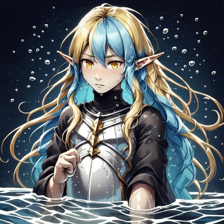 yum4rt, Lapanya, 1 person, pointy ears, 3 fingers 1 thumb, ((Underground cavern background)):1.5, ((snout nose)):1.0, flat chest, light skin, yellow irises, ((two-tone hair, light blue hair, blonde undertones)), wavy hair, long hair, ((chubby build, chubby face)), long sleeved black robe, white armor, wet hair, wet clothes 
Close up, dynamic view, Standing hip-deep in water, ((water droplets rising up, water tendrils rising up)) 
((clean lines, source: anime, detailed fingers, high quality, best quality, masterpiece, rating: g score: 9, score: 8 up))