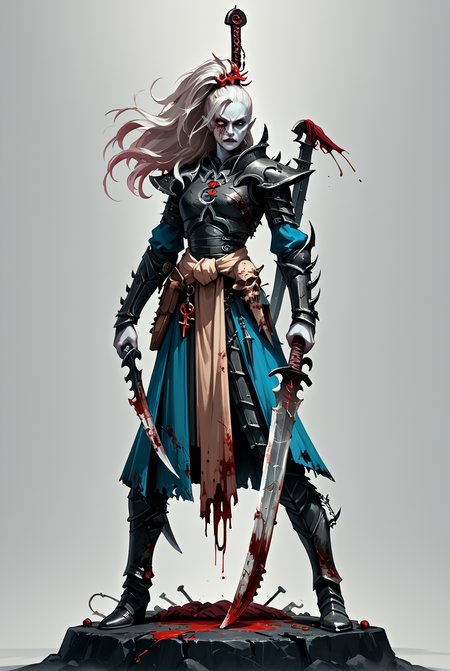score_9, score_8_up, score_7_up, score_6_up, score_5_up, score_4_up, source_anime, <lora:aeldari_Pony_2:1> aeldari, drukhari, standart drukhari, full black drukhari's armor, 1girl, armor, blood, colored_skin, dagger, holding_sword, holding_weapon, jewelry, long_hair, sword, weapon, pale skin, ((black armor)), full body, one drukhari girl Stand on a huge pile of bloody corpses of people, dead bodys, one lag stand on dead head, A bunch of corpses