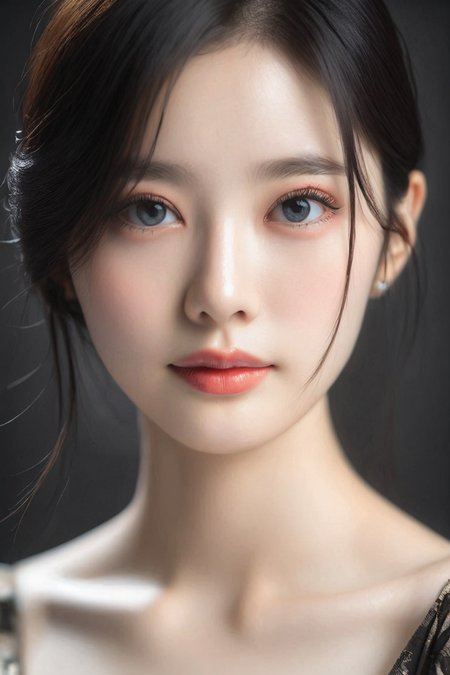 <lora:KimA-won-000002:1>, a stunning real large breasts Japanese woman with long, flowing dark hair, her piercing gaze directly addressing the viewer. score_9, score_8_up, score_7_up, 4k, high quality, (best quality:1.1), realistic, photorealistic, close-up, upper body, (ultra HD quality details), High Fashion, A highly detailed, realistic digital painting of a Korean woman 28yo with a pale complexion, dark straight hair in an elegant updo with a few loose strands framing her face, intricate makeup , deep black lips, wearing a high-collared garment with floral patterns in a dark, muted palette, against a dark gradient background, emphasizing her enigmatic and mystical aura,, high resolution, rich textures, and contemplative mood. Dark makeup,. Her eyes are a deep piercing and  brown, dynamic, dramatic, haute couture, elegant, ornate clothing, High Fashion