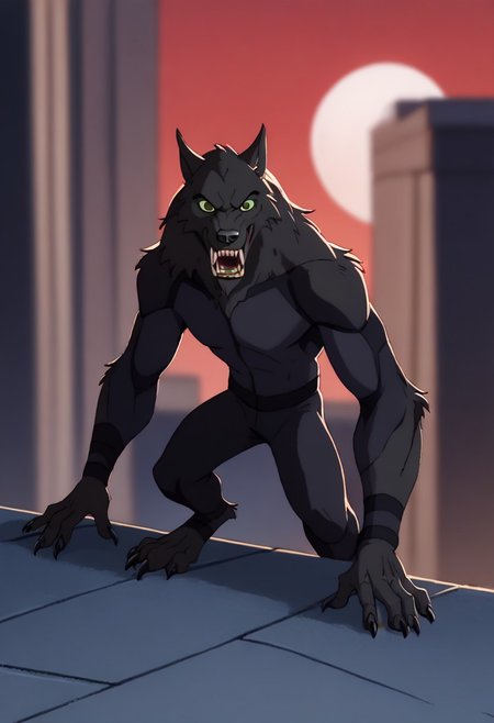 Score_9, score_8_up, score_7_up, score_6_up, SpecStyle, <lora:SpecPony:1.1>, wide shot, BREAK, 
1boy, Werewolf, (furry male, solo, black fur, animal ears, yellow eyes, sharp teeth, claws), 
red sky, full moon, night, blurry background, building, blurry, parody, green eyes, 1boy, solo, outdoors, day, full_body, male focus, posing, bodysuit, on rooftop, leaning against rooftop door,