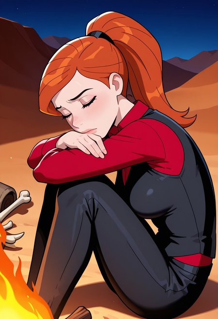 gwenuaf, 1girl, ponytail, solo, orange hair, lips, breasts, collared shirt, long sleeves, red shirt, red shirt collar, black vest, black pants,,  solo,, orange hair, lips, breasts, masterpiece, best quality, amazing quality, very aesthetic, absurdres, newest, 
desert, night time, fetal position, sitting near campfire, sad, animal bones,