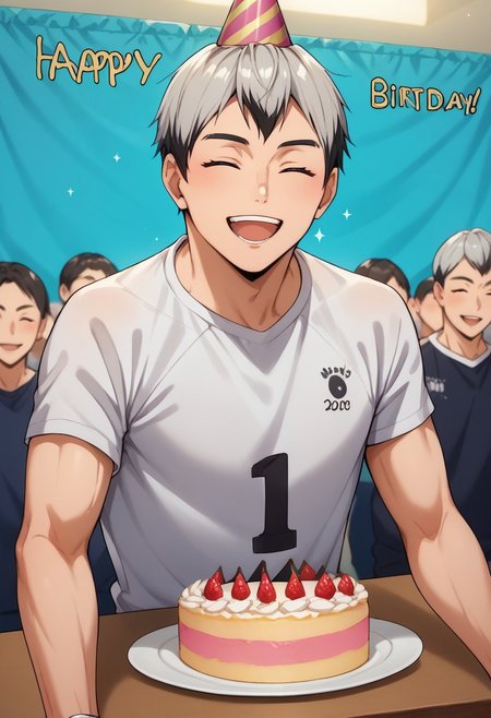 score_9, score_8_up, score_7_up, source_anime, rating_safe, sparkles effects, Kitaikyu, 1boy, male focus, closed eyes, casual clothes, party hat, open mouth, wide smile, teeth, upper body, hands with five fingers, happy birthday, cake on table, simple patterned background, cute wallpaper, happy-cheery,