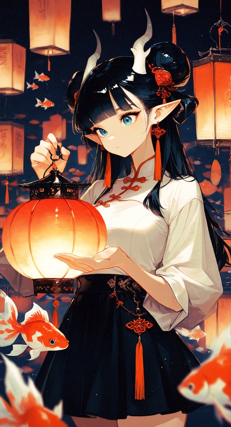 masterpiece, best quality, good quality, very awa, very aesthetic, absurdres, newest, 1girl, solo, long hair, blue eyes, black hair, aqua eyes, happy, closed mouth,medium breasts, hair bun, double bun, horns,blunt bangs, looking at object, looking at lantern, holding lantern,bend over, shirt, skirt, long sleeves, ribbon, jewelry, white shirt, short sleeves, earrings, pointy ears, black skirt, puffy short sleeves, chinese clothes, tassel, lantern, tassel earrings, paper lantern, goldfish, tassel hair ornament, koi, flying fishï¼, Blurred foreground,depth of field, cowboy shot,
748cm, <lora:ponyv6_noobV1_2_adamW-000017:0.7> <lora:USNR_STYLE_XL_lokr:0.45> <lora:EtherSDXL:0.15> <lora:wl-illV1-000017:0.7>