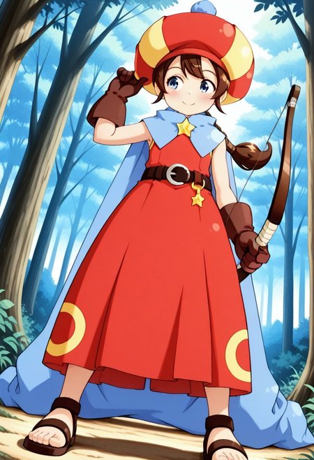 masterpiece,anime_coloring,anime_clothing,amazing_quality, Tokia_DMO, 1girl, gloves, brown hair, ponytail,red yellow hat, star \(symbol\), cape, sleeveless,red dress, long dress,belt,sandals,forest,holding_bow_(weapon),Bow and arrow,close-up face,standing,spread leg,dynamic angle,from_below,smile,blush,