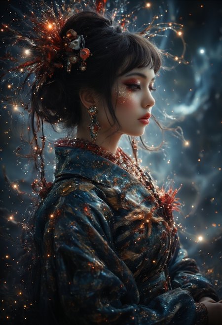 aidmaGlow, Midjourney_Whisper, noc-space, image stunningJapanese princess, long loose hair, dark eyeshadow, bangs, hair ornaments, necklaces, earrings, sumptuous flowing dress, BREAK.  background of swirling stardust and nebula gas