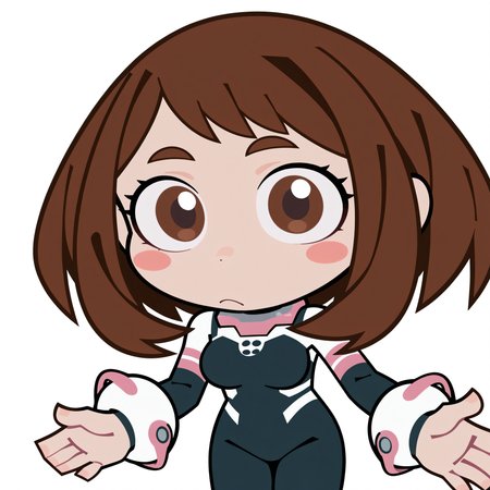 highres, hi res, best quality, masterpiece, 2d,
1girl, eyelashes, nose, blush, blush stickers, brown eyes, brown hair, short hair, uraraka ochako,
bodysuit, plugsuit, 
cowboy shot, looking at viewer, chibi, meme, parody, flat color,
depth of field, white background, simple background, <lora:ZZZ_Stroll_Sticker_ILXL:1>,