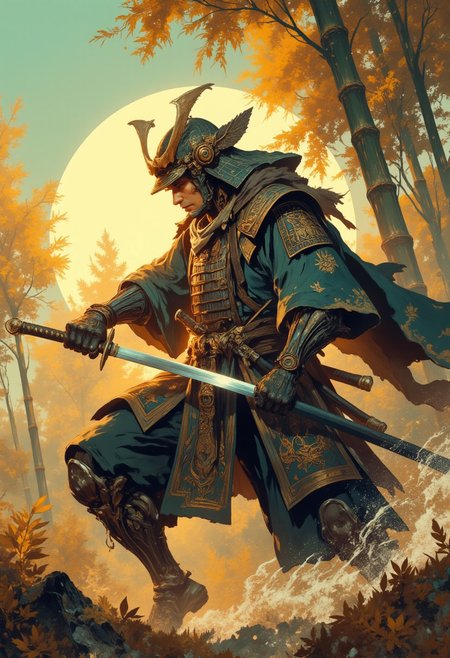 An evocative digital illustration depicting a disciplined samurai warrior locked in a fierce duel at dawn within an atmospheric bamboo forest. He lunges forward dynamically, his curved blade reflecting the soft golden morning light filtering through misty foliage, casting gentle yet sharp contrasts across his intricately detailed armor dyed in muted shades of indigo and jade green fabrics layered beneath polished steel plates. His expression is fiercely focused beneath a traditional kabuto helmet adorned with subtle decorative motifs. The background features tall bamboo stalks swaying gently in the morning breeze, diffusing shafts of warm sunlight that create rhythmic patterns on the forest floor, emphasizing both tension and tranquility within this decisive moment. Historical fantasy aesthetic, warm dawn lighting, intense poised combat stance.
 Intricate linework with expressive contrasts, low-key lighting with cool shadows dynamic highlights. In the style of ff-td, DB4RZ, DB4RZ style painting