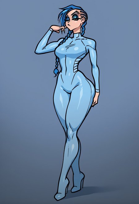 score_9, score_8_up, score_7_up, anna, fellatrix style,
solo,1girl ,breasts, braid, blue hair, long hair, braid,great shading,,open eyes, eyeshadow, blue eyeshadow,makeup,, eyebrow piercing, piercing, 
blue motosuit, 
standing pose, looking at viewer, full body
gray background,
