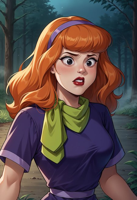 score_9, score_8_up,score_7_up, source_anime, 1girl, solo, <lora:EPsbdDaphne:1>, EPsbdDaphne, orange hair, long hair, black eyes, purple hairband, green scarf, purple dress, upper body, motion lines, motion lines, blurry background,  makeup, red lips, 1980s \(style\), retro artstyle, outdoors, forest, night, scared, running, fog, horror \(theme\),